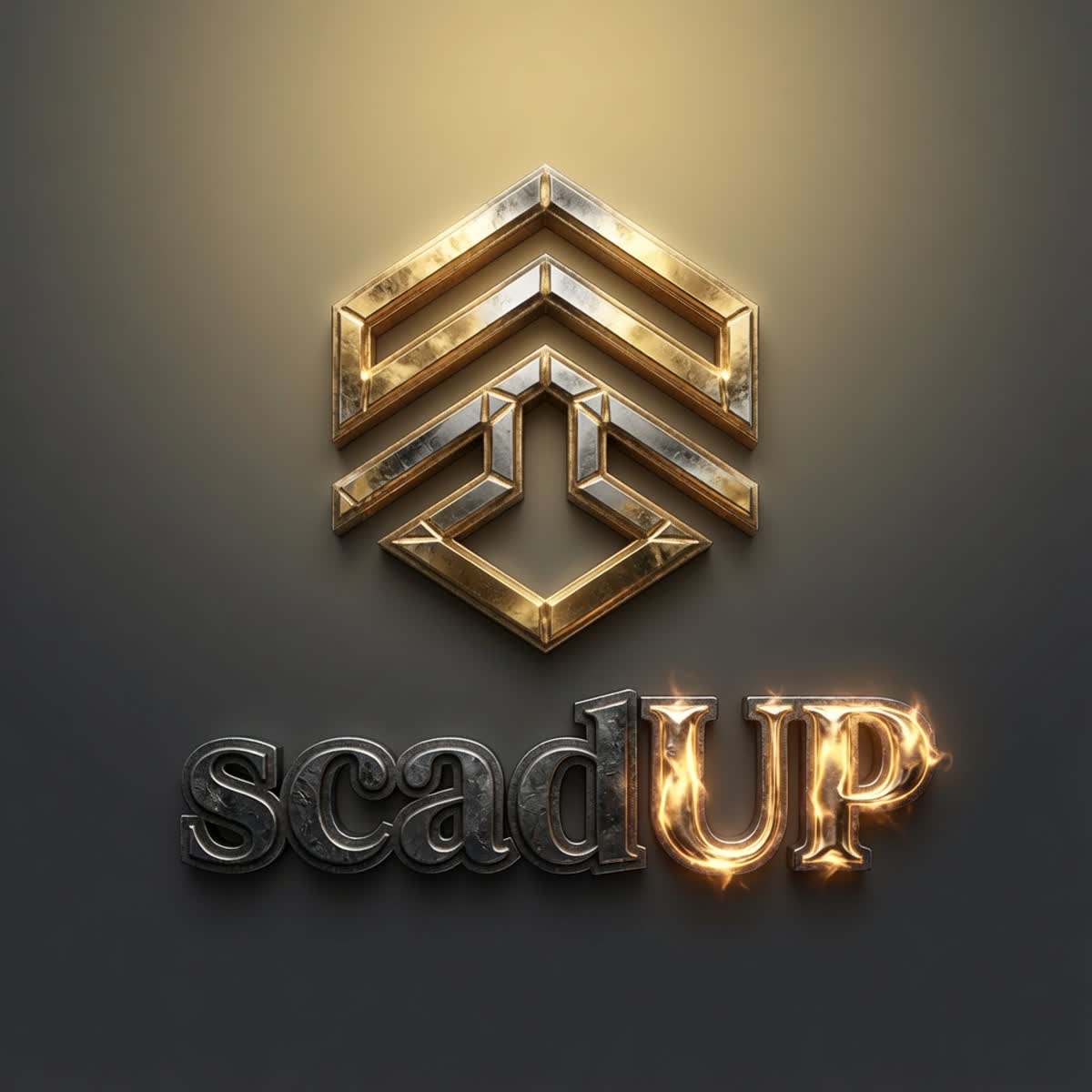 The scadUP chevron mark rendered in forged gold and steel, sparks rising from molten metal